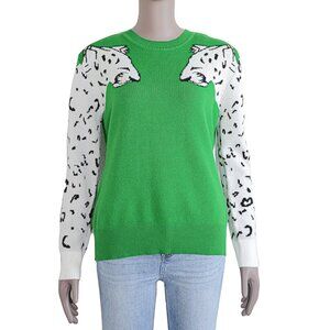 Green White Animal Print Crew Neck Sweater Trendy Pullover‎ Cozy Chic Knitwear